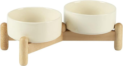 Havniva Elevated Dog Bowls Ceramic Dog Bowls with Stand, Dog Food Bowl | 5.1” Raised Dog Bowls with Non-Slip Wood Stand, Dog Food and Water Bowl Set, Double Dog Feeding Bowls for Small Dogs