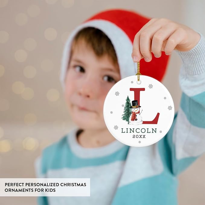Andaz Press Personalized Ornament, Custom Name, Initial L Monogram Snowman 2.8" Ceramic Porcelain 2025 Christmas Ornament Keepsake for Kids, Boys, Girls, Includes Gold Ribbon & Gift Box, 1-Pack