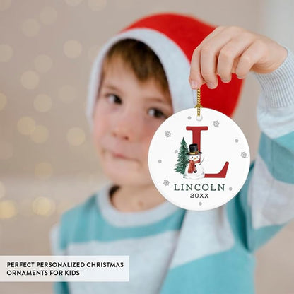 Andaz Press Personalized Ornament, Custom Name, Initial L Monogram Snowman 2.8" Ceramic Porcelain 2025 Christmas Ornament Keepsake for Kids, Boys, Girls, Includes Gold Ribbon & Gift Box, 1-Pack