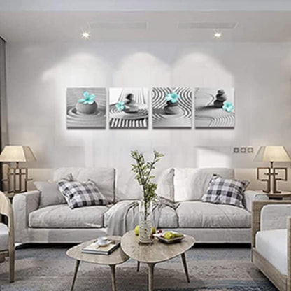 Yxbhhym Gray Wall Art Zen Wall Art Teal Floral Paintings Black and White Decor Zen Stone Sand Pebble Canvas Flower Artwork for Wall Home Decoration Bathroom Wall Decor 12''x12''x4pcs