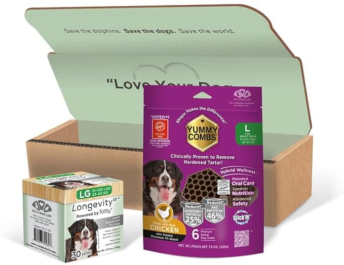 Longevity15 C15:0 Dog Health Supplement (30-Day Supply) & Yummy Combs Dog Dental Treats (8oz Bag) for Large Dogs – C15:0 Fatty Acid for Daily Wellness, Food Topper – VOHC Approved Oral Care Treat
