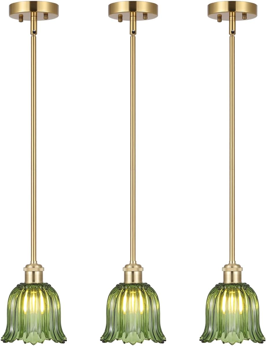 Modern Gold Pendant Light 3 Pack Brushed Brass Mid Century Chandelier Green Glass Shades Adjustable Rods Farmhouse Ceiling Hanging Lighting Fixture Kitchen Island Dining Room Bedroom