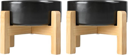 SPUNKYJUNKY Ceramic Elevated Dog Bowls 2 Pack - 8.3inch Raised Dog Bowls with Non-Slip Wooden Stand for Large Dogs Dishwasher Safe(Black,60OZ*2)
