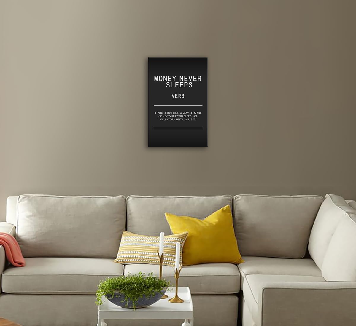 WYJDFART Inspirational Wall Art Canvas Painting Wall Art Money Never Sleeps Verb Black Poster Positive Motivational Artwork Prints Picture Living Room Office Decor Framed Ready to Hang[12" W X 18" H]
