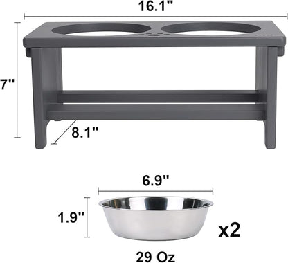 HTB Elevated Dog Bowl Stand with 2 Stainless Steel Bowls-7" H Medium Grey | Raised Dog Bowl Stand, 7"tall, 29 Oz Bowls, for Medium Sized Dogs, Pet-safe, Solid Bamboo