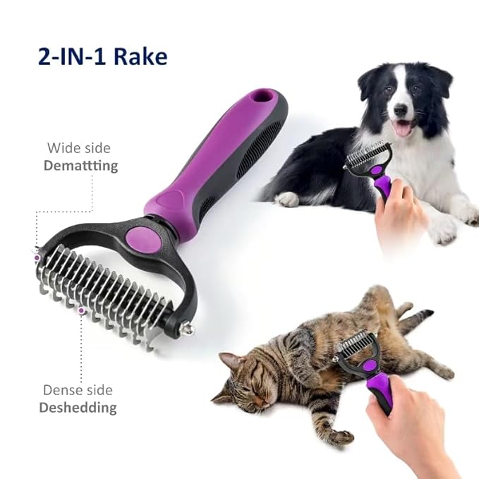 WePet Grooming Rake for Dogs & Cats, Double-Sided Deshedding Brush, Extra-Wide Dematting Tool, Slicker Comb for Undercoat & Loose Hair Removal, Reduces Shedding by 95%, Purple, Small