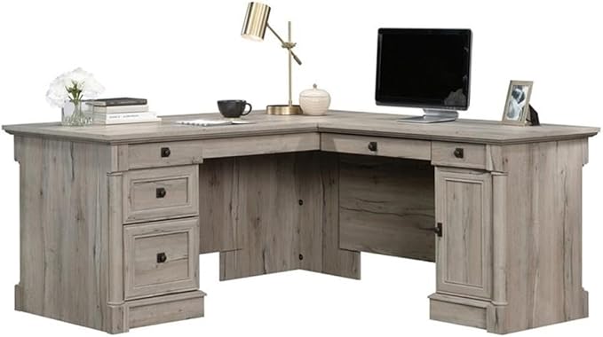 Pemberly Row 65" x 69" Contemporary Engineered Wood L-Shaped Desk with Storage, Drawers, Flip-Down Panel, Grommet Holes, for Home Office/Workspace, in Split Oak Finish