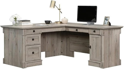 Pemberly Row 65" x 69" Contemporary Engineered Wood L-Shaped Desk with Storage, Drawers, Flip-Down Panel, Grommet Holes, for Home Office/Workspace, in Split Oak Finish
