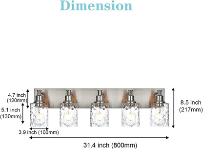 BONLICHT 5 Lights Sconces Wall Lighting Brushed Nickel with Hammered Glass Shade, Industrial Bathroom Light Fixtures Vanity Lights Porch Light Fixtures Classic Metal Wall Mount Lamp Over Mirror