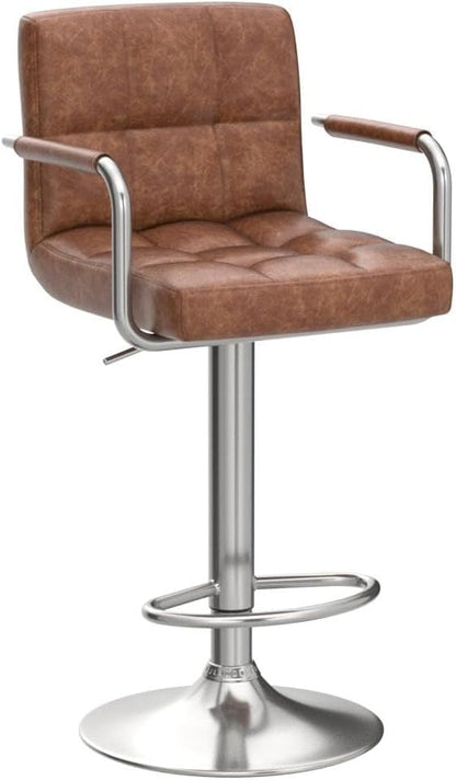Yaheetech Bart Stools Set of 4, PU Leather Adjustable Barstools with Armrest, Counter Height Stool Chairs with Thickened Seat Cushion for Kitchen Island, Retro Brown