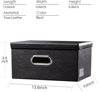 PRANDOM Collapsible Storage Box with Lid [3-Pack] Leather Fabric Foldable Storage Bin Organizer Container Basket Cube with Cover for Home Bedroom Closet Office Nursery Black(13.6x9.6x6.9)