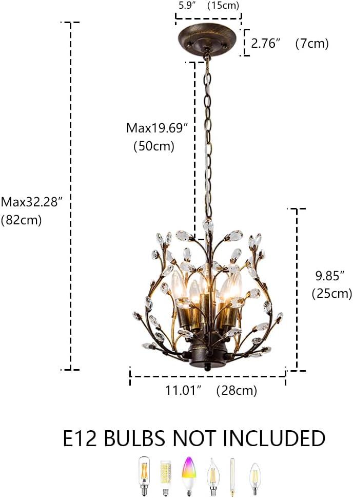 5-Light Vintage Crystal Branch Chandelier Farmhouse Hanging Pendant Light Fixtures for Living Room Dining Room Foyer Kitchen Island Hallway, Aged Bronze