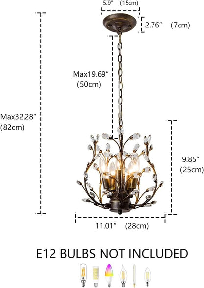 5-Light Vintage Crystal Branch Chandelier Farmhouse Hanging Pendant Light Fixtures for Living Room Dining Room Foyer Kitchen Island Hallway, Aged Bronze