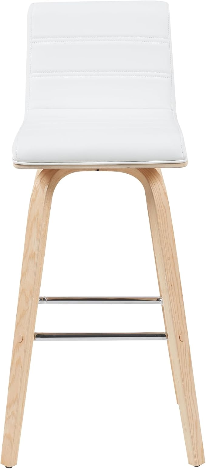 Vienna Modern Swivel Bar Height Stool with White Faux Leather Seat and Patterned Oak Wood Frame Set of 2