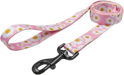 Dog Collar Leash Set, Floral Pattern, Polyester Material, Adjustable Collar and 5ft Matchcing Leash, for Medium Dogs.(M, Light Pink Daisy)
