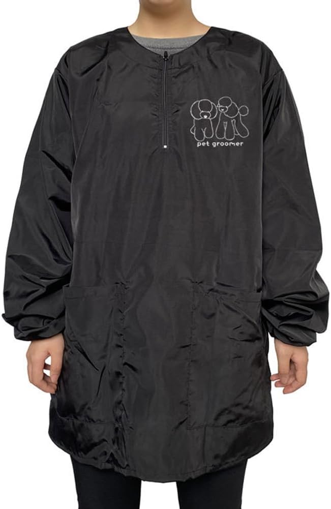 Dog Grooming Smock for Men Women, Anti-Static Smock for Pet Shop Dog Cat Grooming, Long Sleeves, Water Resistant, (Black with Print Poodle L)