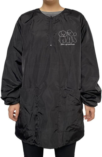 Dog Grooming Smock for Men Women, Anti-Static Smock for Pet Shop Dog Cat Grooming, Long Sleeves, Water Resistant, (Black with Print Poodle L)