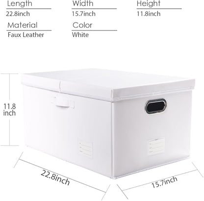 PRANDOM Collapsible Storage Box with Lid [3-Pack] Leather Fabric Foldable Storage Bin Organizer Container Basket Cube with Cover for Home Bedroom Closet Office Nursery White(22.8X15.7X11.8)