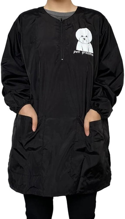 Dog Grooming Smock, Dog Grooming Smock for Men Women, Anti-Static Smock for Pet Shop Dog Cat Grooming, Long Sleeves, Water Resistant, (Black with Print Bichon M)