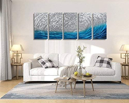 Yihui Arts Metal Wall Art - Silver Sea Waves 3D Sculpture, 5 Piece Hand Crafted Aluminum Coastal Artwork for Large Abstract Living Room, Bedroom, Bathroom Decor - Blue