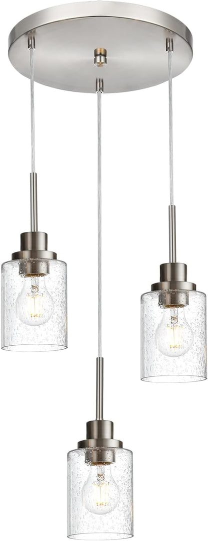 3-Light Contemporary Pendant Lighting with Clear Seeded Glass,Brushed Nickel Dining Room Chandelier Light Fixture Modern Kitchen Island Cluster Hanging Ceiling Pendant Lights for Sink Bar
