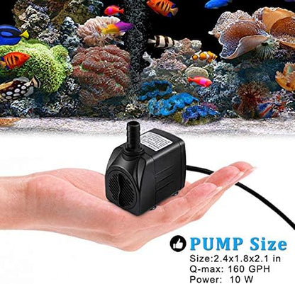 PULACO 160GPH Small Fountain Pump, Ultra Quiet Submersible Water Pump (600L/H, 10Watt) with 3.3 ft Tubing for Aquariums, Pond Fountain, Water Feature, Indoor Fountains