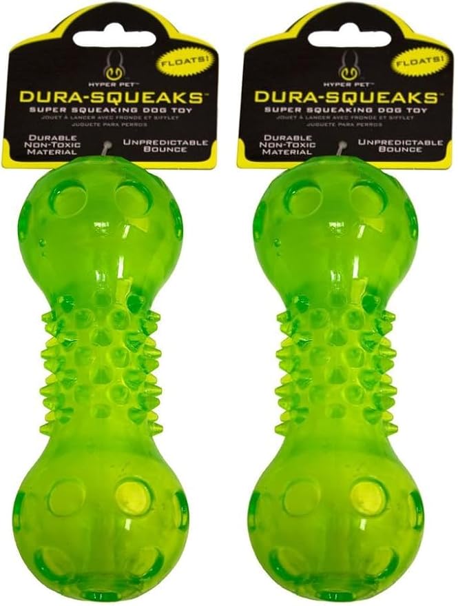 Hyper Pet Dura-Squeaks Barbell Interactive Fetch Dog Toy with Squeaker Made with Sturdy TPR That Floats in Water (Pack of 2)