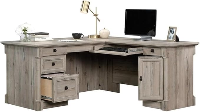 Pemberly Row 65" x 69" Contemporary Engineered Wood L-Shaped Desk with Storage, Drawers, Flip-Down Panel, Grommet Holes, for Home Office/Workspace, in Split Oak Finish