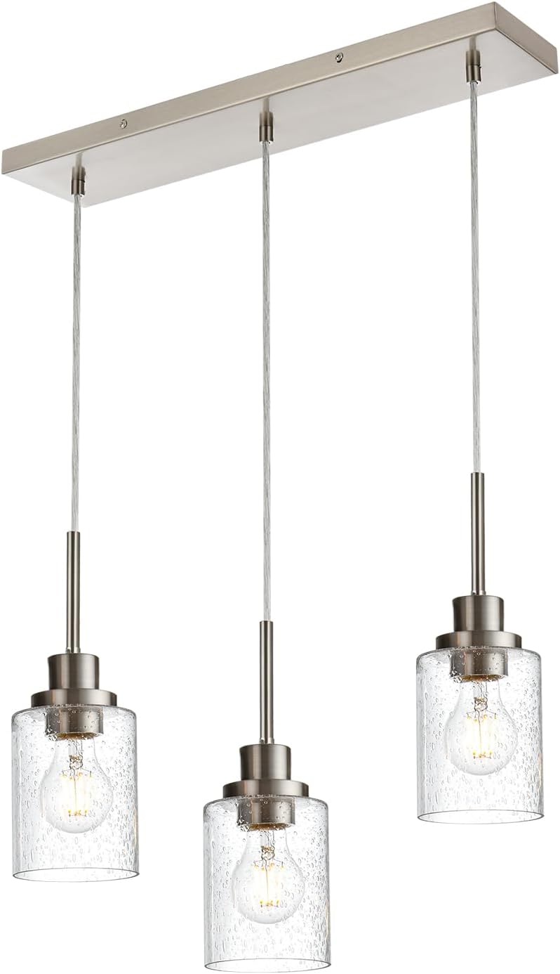 3-Light Farmhouse Chandelier Light Fixture Brushed Nickel Clear Seeded Glass Dining Room Hanging Modern Pendant Lighting Over Table,Traditional Ceiling Lights for Kitchen Island Entryway