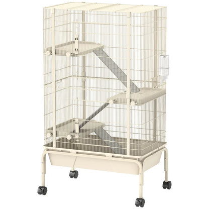 47inch Small Animal Cage, 4 Levels Large Rolling Metal Ferret Cage W 5.9Deep Tray, Ramps, Water Bottle, Food Dish, Beige