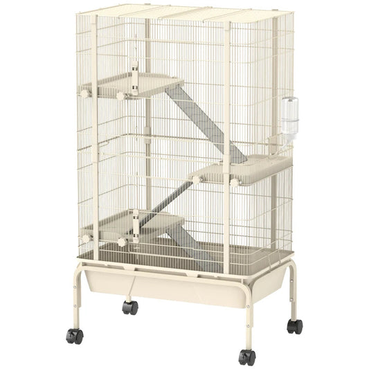 47inch Small Animal Cage, 4 Levels Large Rolling Metal Ferret Cage W 5.9Deep Tray, Ramps, Water Bottle, Food Dish, Beige