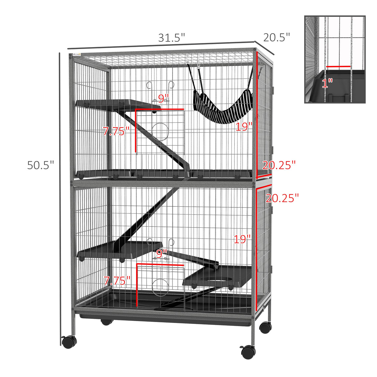 50" H Rolling Small Animal Cage with Hammock, Ferret Cage, Chinchilla Cage, Pet Habitat with 4 Doors, Removable Tray