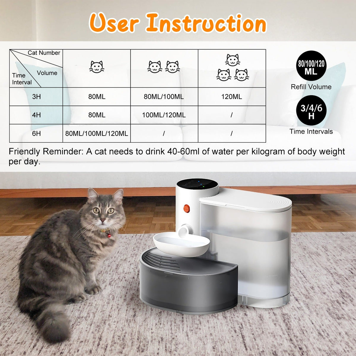 1Pc Smart Pet Water Fountain Automatic Cat Water Dispenser 3L Cordless Rechargeable Dog Water Fountain Self-Refill With 3 Adjustable Volume 3 Time Intervals Touch Control