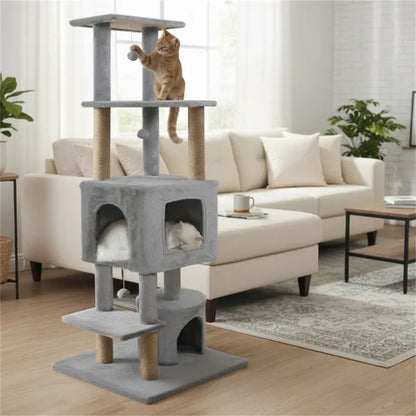 64" Light Gray Cat Tower With Plush Perches & 3 Dangling Balls, Jute Scratching Posts & Anti-Tipping Device For Multi-Cat Households