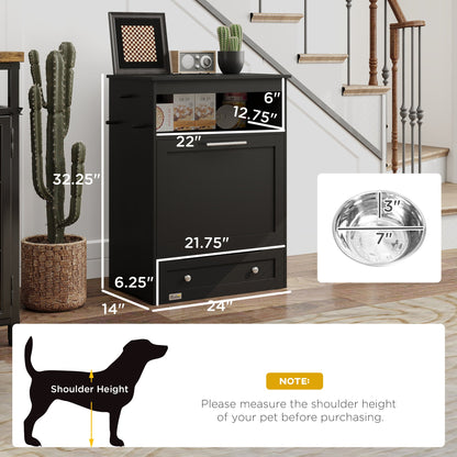 Pet Feeder Station Storage Cabinet, Dog Food Storage Container with Dog Raised Bowls, Watering Supplies, Black