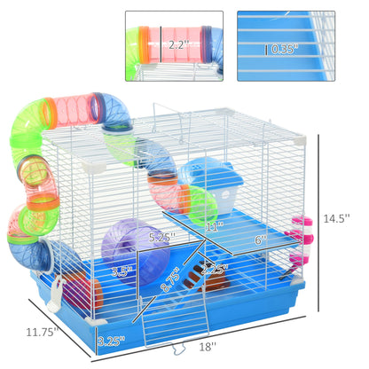 2-Level Hamster Cage Rodent Gerbil House Mouse Mice Rat Habitat Metal Wire with Exercise Wheel, Play Tubes, Water Bottle, Food Dishes, & Interior Ladder