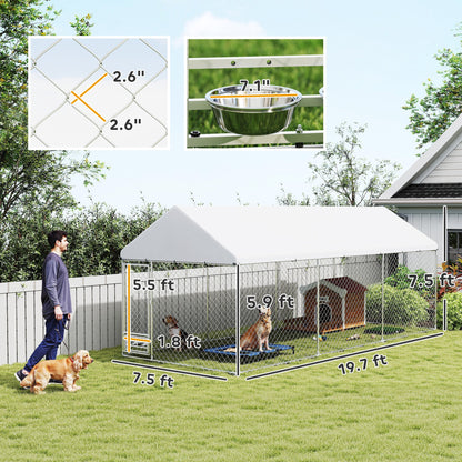 Outdoor Dog Kennel w/ Adjustable & Rotatable Bowl Rack, Waterproof UV-Resistant Cover, Secure Lock, 19.7 x 7.5 x 7.5