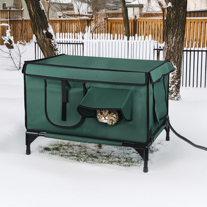 1Pc Waterproof Heated Cat House Outdoor Weatherproof Insulated Kitty Shelter Feral Cat Heating Bed With Heating Pad Anti-Chew Cord 2 Doors 3 Windows For Indoors Outdoors Winter Summer