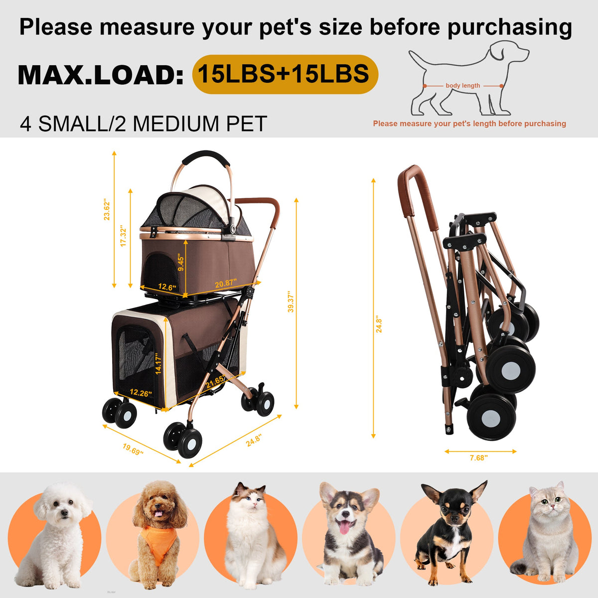 3-in-1 Double Pet Stroller For Small Medium Dogs Cats, Foldable Frame Convertible Pet Carrier Tote, Shockproof Wheels With Brake System, Dual Fixed Safety Leashes For Multi-Pet Households
