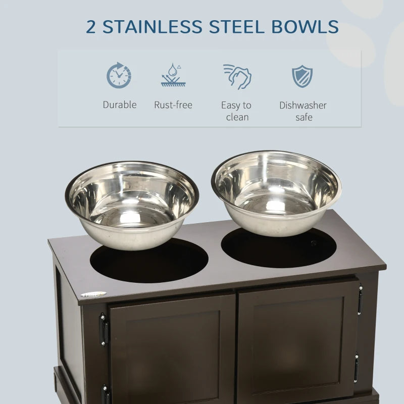 Elevated Dog Bowls With Storage, Two Stainless Steel Bowls For Large Dogs, Coffee