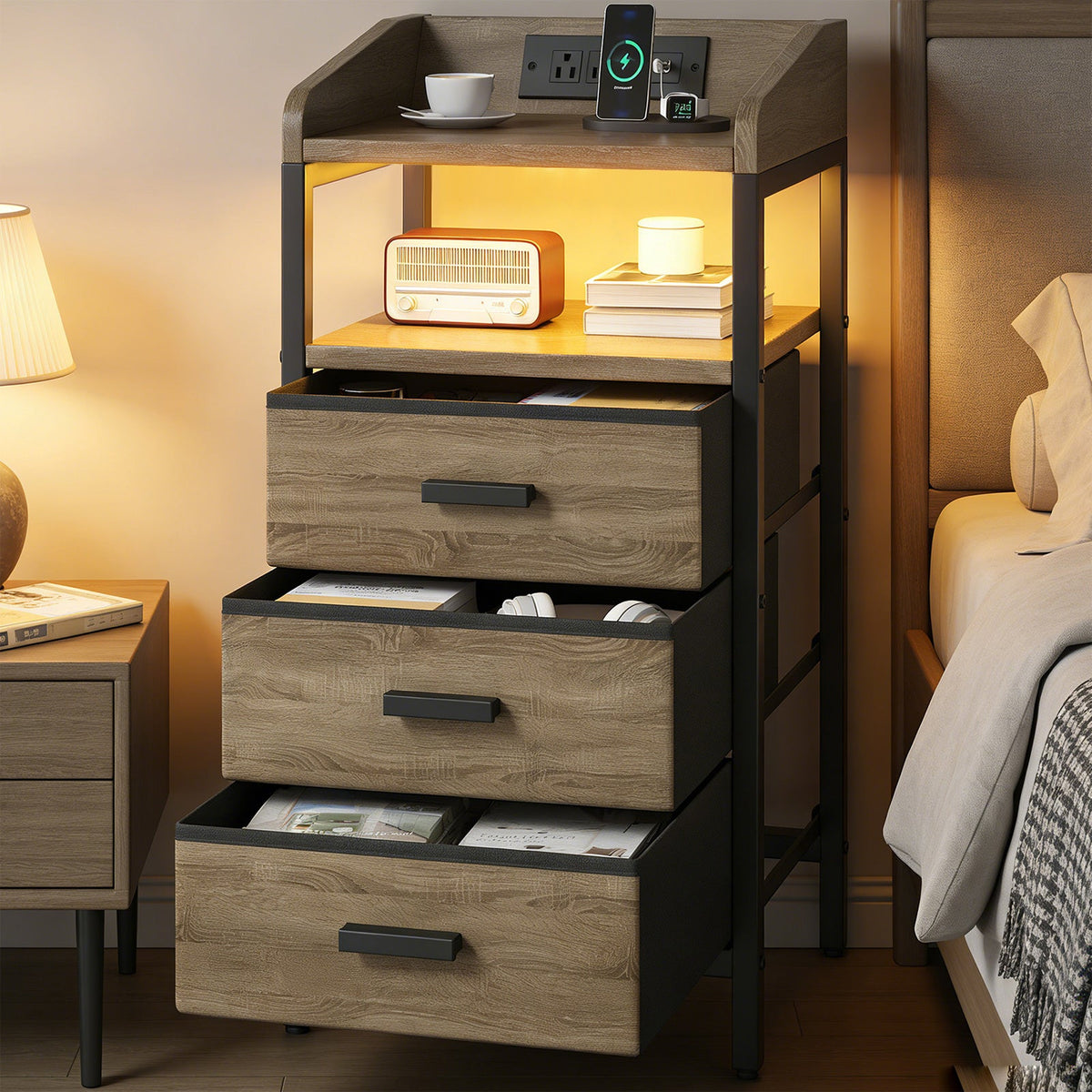2 Pack Night Stand With Charging Station And Light Bedside End Table With 3 Fabric Drawers 2 USB Ports And Outlets For Bedroom