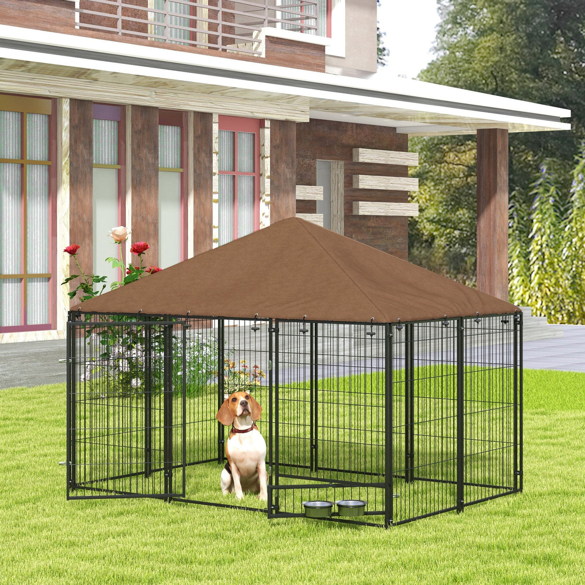Outside Dog Kennel, 6.9 x 4.6 x 5 Puppy Play Pen with Canopy, Garden Playpen Fence Crate with Rotating Bowl, Black