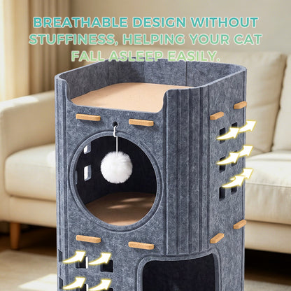3-Tier Felt Cat Tower House, Multi Level Cat Cave Condo, Indoor Stackable Cat Hideaway Shelter With Hanging Toy Ball