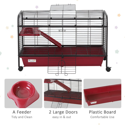 41"L Small Animal Cage, Pet Play House for Rabbit Hutch Ferret with Feeder, Rolling Wheels, Platform, Ramp