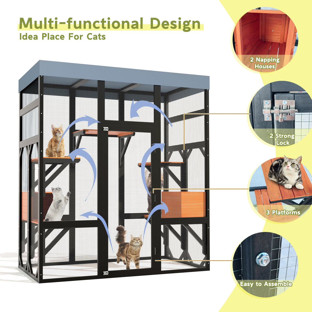Large Outdoor Cat Enclosure Catio with 5 Platforms & 2 Napping Houses, Secure Metal Wire, Easy Assembly for Indoor & Outdoor Use