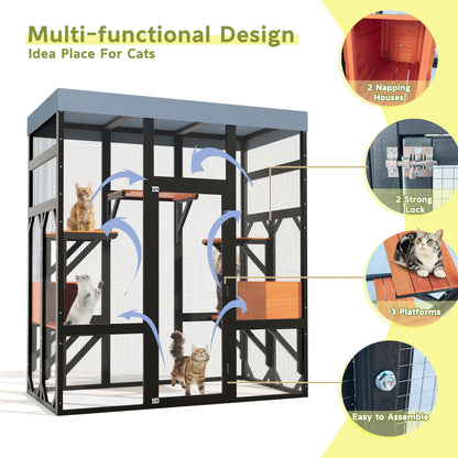 Large Outdoor Cat Enclosure Catio with 5 Platforms & 2 Napping Houses, Secure Metal Wire, Easy Assembly for Indoor & Outdoor Use