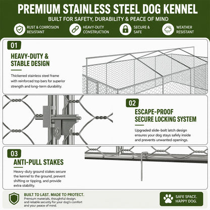 20x10 FT Large Outdoor Dog Kennel with Canopy, Heavy Duty Galvanized Steel Frame, Waterproof Cover, Built-in Elevated Feeding Bowls, Escape-Proof Lockable Pet Playpen for Large Dogs & Multiple Animal
