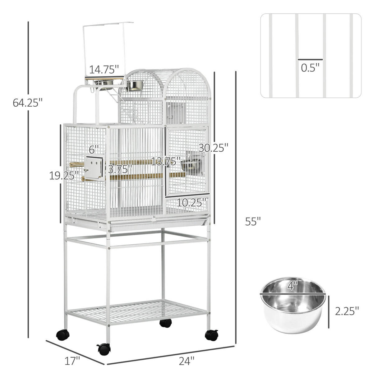 55" Large Parrot Cage with Toy Hooks Above Top Bird Perch, Tray, Food Cups, Rolling Stand, Bird Cage for Cockatiels, Parakeets, Lovebirds