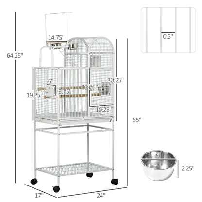55" Large Parrot Cage with Toy Hooks Above Top Bird Perch, Tray, Food Cups, Rolling Stand, Bird Cage for Cockatiels, Parakeets, Lovebirds