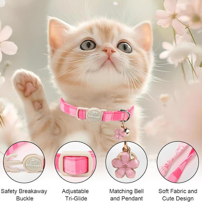 2 Pack Pink Cat Collars  Spring Summer Breakaway Cat Collar With Bell, Bow And Flower Pendant, Adjustable Kitten Collars For Girl Cats, Cute Pink Plaid Bow